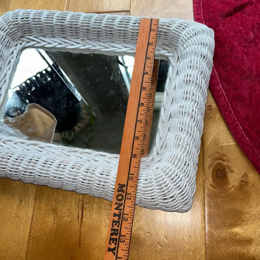 White Wicker Wall Mirror Coastal Cottage Farmhouse Boho Shabby Chic 11x15”